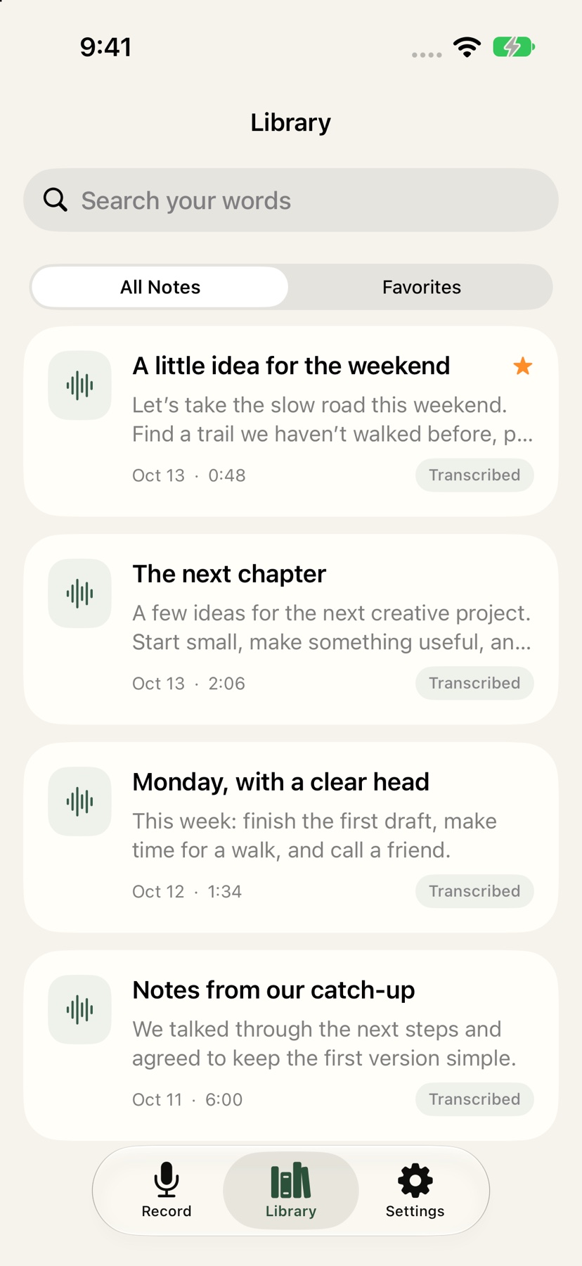 VeeScript’s Library displaying fictional sample voice notes, including weekend ideas and meeting notes