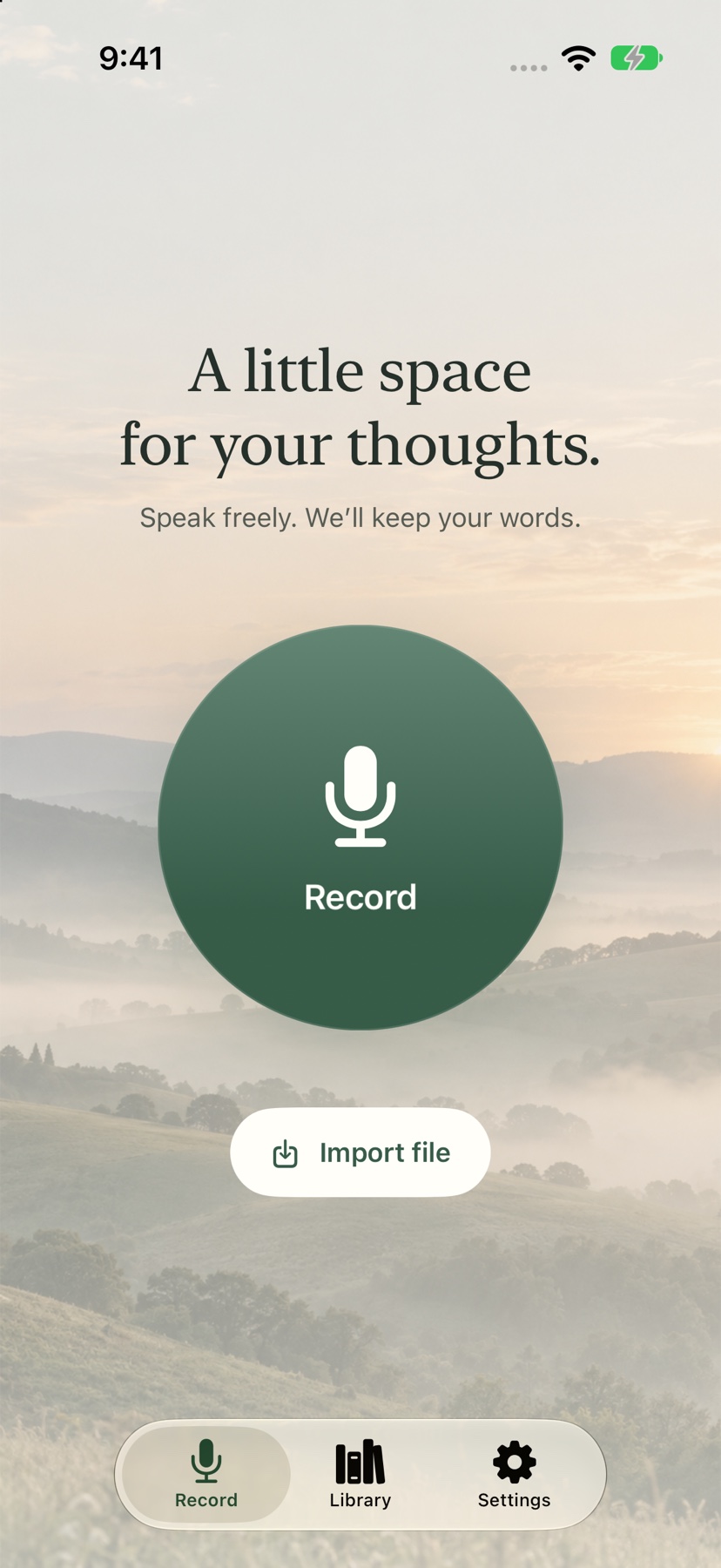 VeeScript’s recording screen, with a one-tap Record button over misty green hills