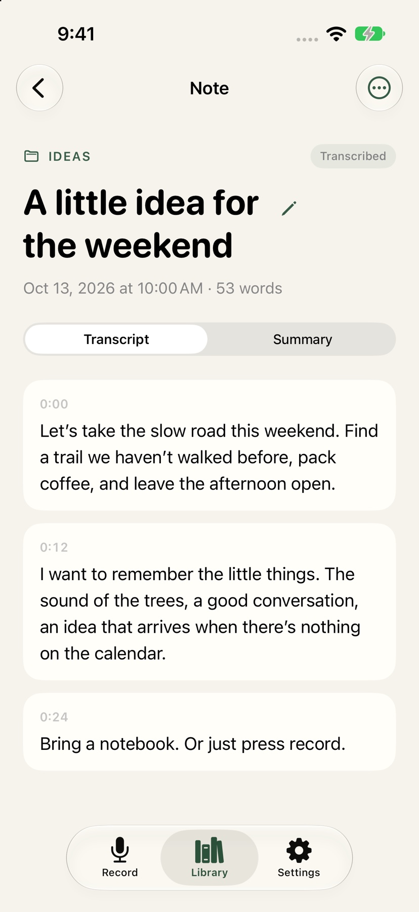 An editable, timestamped sample transcript called A little idea for the weekend